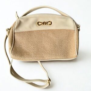 Eitenne Aigner Off-white leather & woven fabric zipper Boho Resort shoulder bag